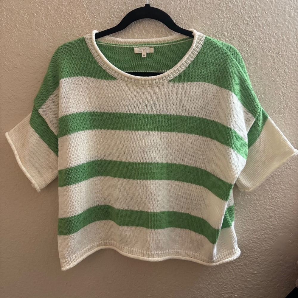 La Miel Striped Knit Sweater Top Green Cream Short Sleeve Women's M